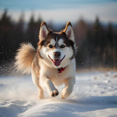 Fototapeta premium Siberian Husky Puppy Playing in the Snow