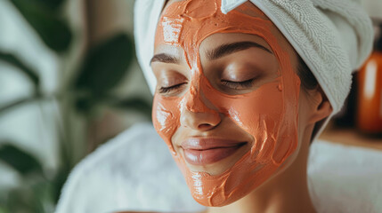 woman in the bathroom with a light orange creamy facial mask - obrazy, fototapety, plakaty