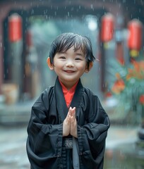 A cute Taoist priest smiles cheerfully in the courtyard