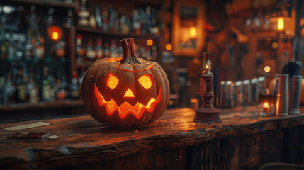 Jack-o-lantern on bar counter and friends on background.