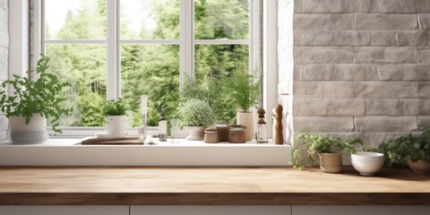 Obraz premium Scandinavian-style cottage kitchen with forest view, white wood decor, brick accents, countertop, and plant.