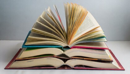 Naklejka premium A stack of open books with colorful pages, captured in high resolution 