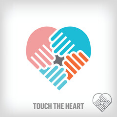 Creative heart shaking hands logo. Uniquely designed color transitions. Health and family together logo template moving towards the top. vector.