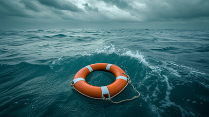 The orange lifebuoy floats on the open sea, Concept of Safety and Hope, space for text - obrazy, fototapety, plakaty