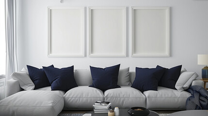 A modern living room and three empty white frames mockup