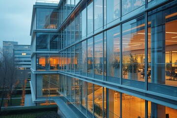 A minimalist office building exterior with emphasis on sustainability and energy efficiency
