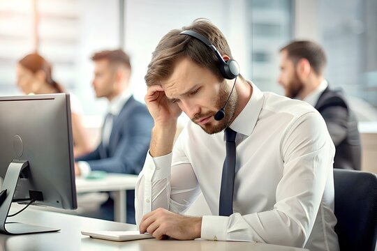 Stressed Man in Headset, Modern Work Struggles
