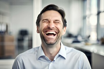 Naklejka premium Joyful Business: Portrait of a Laughing Man in the Office