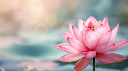 Pink lotus flower or water lily in lake. concept background, space for text