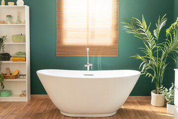 Cozy Empty Modern Bathroom Background Rustic Decorations And Green Plants Indoors. Interior Design. High quality photo