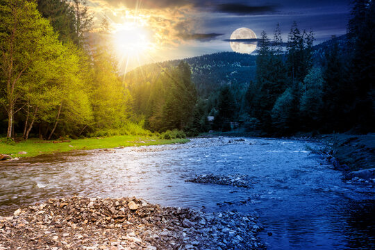 landscape with mountain river at summer solstice. carpathian scenery with forest on the shore beneath a sky with sun and moon. day and night time change concept