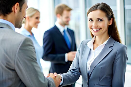 Close up of on female businesswoman handshake with business partner