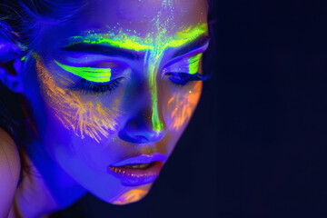 femme maquillée avec de la poudre fluorescente sous une lumière noire