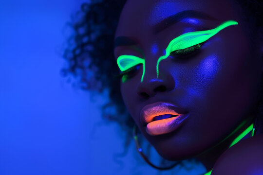femme maquillée avec de la poudre fluorescente sous une lumière noire