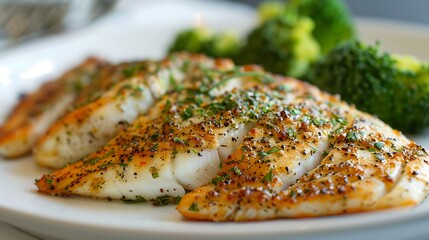 Herb-crusted baked tilapia fillets with a side of steamed broccoli - obrazy, fototapety, plakaty