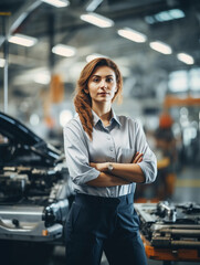 Female worker in a modern automotive manufacturing plant, confidently operating machinery 