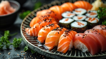 Delicious sushi roll set on dark background, Japanese food - obrazy, fototapety, plakaty