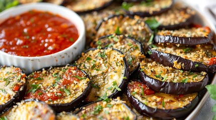 Herb-crusted baked eggplant slices served with marinara dipping sauce