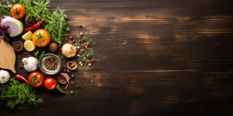 Ingredients for cooking placed on a dark wooden table, viewed from above, with space to copy.