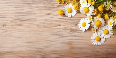 Obraz premium Chamomile flowers on wooden table. Soothing herbal tea. Flat layout. Space for text. Medical prevention. Alternative medicine.