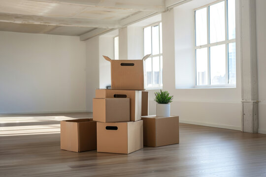 A stack of cardboard boxes and a potted plant are in a room