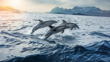 Three graceful dolphins leap above the ocean waves, framed by a majestic mountain range and sunset.