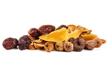 Mixed dried fruits, dried mango, dates, figs, dried persimmon, isolated on white background.