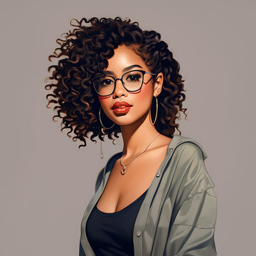 A digital painting of a woman with curly hair and glasses, exuding elegance and intelligence.