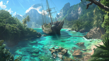 shipwreck on tropical island, concept art