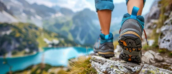 Fototapeten Lake in the mountains - Hiking hiker traveler landscape adventure nature sport background panorama - closeup of feet with hiking shoes, trekking shoes from a woman standing on top of a rock © Corri Seizinger