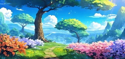 Anime style landscape, colorful trees, mountain background, blue colors.