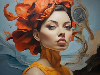 an oil painting that challenges traditional portraiture by incorporating surreal or abstract elements.