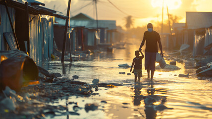 A man and a child are walking through a flooded street. The man is holding the child's hand. Scene is sad and somber, as the flooded street, water disaster,