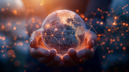 Global Connectivity Concept in Human Hands. Hands cradling a glowing, connected world symbolizing global communications and network technology. link data tech concept, - obrazy, fototapety, plakaty