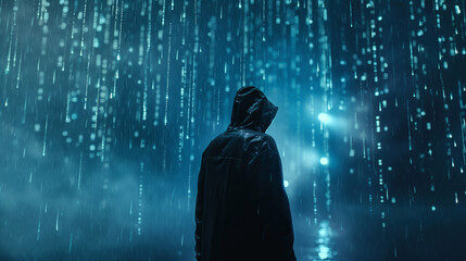 Mysterious Figure in Hood Standing in Digital Rain. A solitary hooded figure stands enveloped in a shower of glowing digital rain, evoking themes of cyber mystery and digital world immersion.