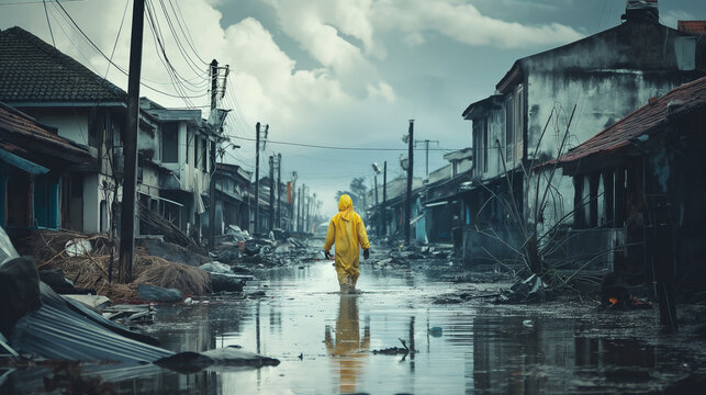A man in a yellow raincoat walks through a flooded street. The scene is dark and gloomy, with the man's yellow raincoat standing out against the bleak background. The water is murky