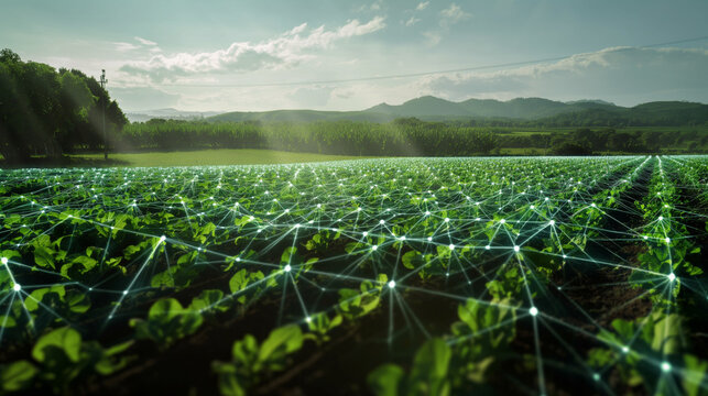 Smart Farming Technology in Agriculture Field. An agriculture field with crops connected by a network of glowing points, depicting smart farming technology.