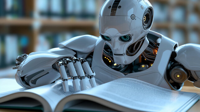 Robot Reading Book in Library Setting. Futuristic AI robot engaged in learning, reading a book in a library environment. futuristic machine learning and AI artificial intelligence concept.