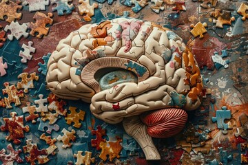 a human brain represented by intricate colourful puzzle pieces of varying shapes and sizes 