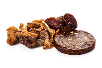 Healthy snack: mixed dried fruits, dried mango, dates, figs, dried persimmon, isolated on white background.