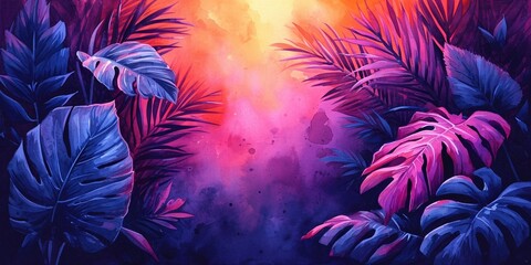 A tropical night scene, featuring a lush jungle, palm trees, and a tranquil sunset. - obrazy, fototapety, plakaty