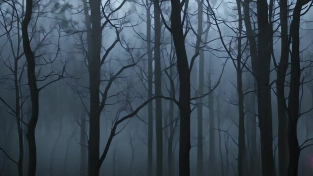 Foggy forest with trees at night. video 4k