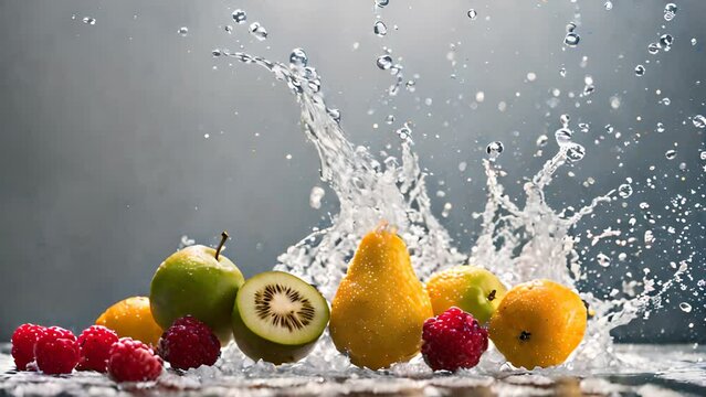 Super slow motion of berries fruit flying up in the air with water splashes. Super Slow Motion Shot of Fresh Fruits with Splashing Water on grey Background