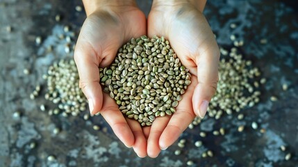 handful of hemp seeds, prized for their protein and omega-3 content - obrazy, fototapety, plakaty