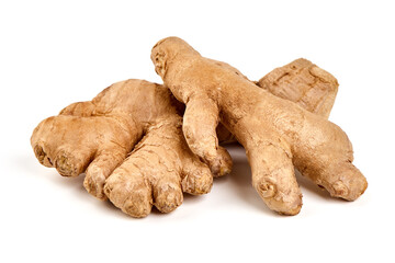 Fresh Ginger, isolated on a white background. Close-up.