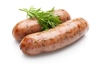 Two grilled pork sausages with fresh dill on top, isolated on a white background, depicting a classic barbeque item.