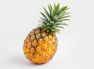 Fresh, ripe pineapple with bright green leaves on a clean white background.