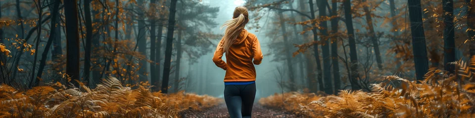 Keuken spatwand met foto Woman in forest jogging in sport clothing. 30 years girl making outdorrs exercise © maciej