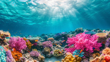 Vibrant underwater seascape with corals and marine life basking in sunlight - obrazy, fototapety, plakaty