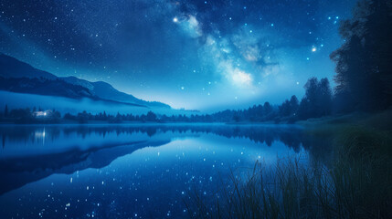 Dreamy star-filled sky reflected in a tranquil mountain lake at night